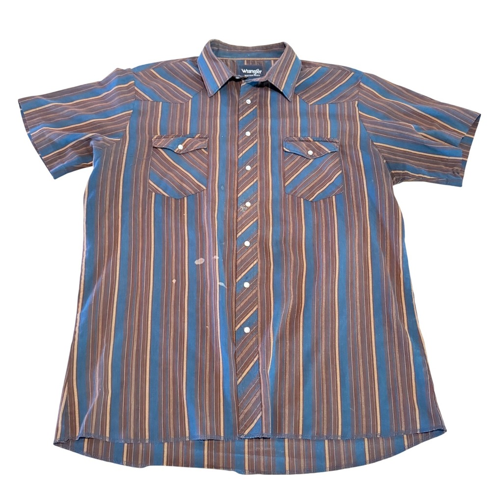 Wrangler Western Shirt Mens XL Blue Brown Striped Short Sleeve Pearl Snap Vtg